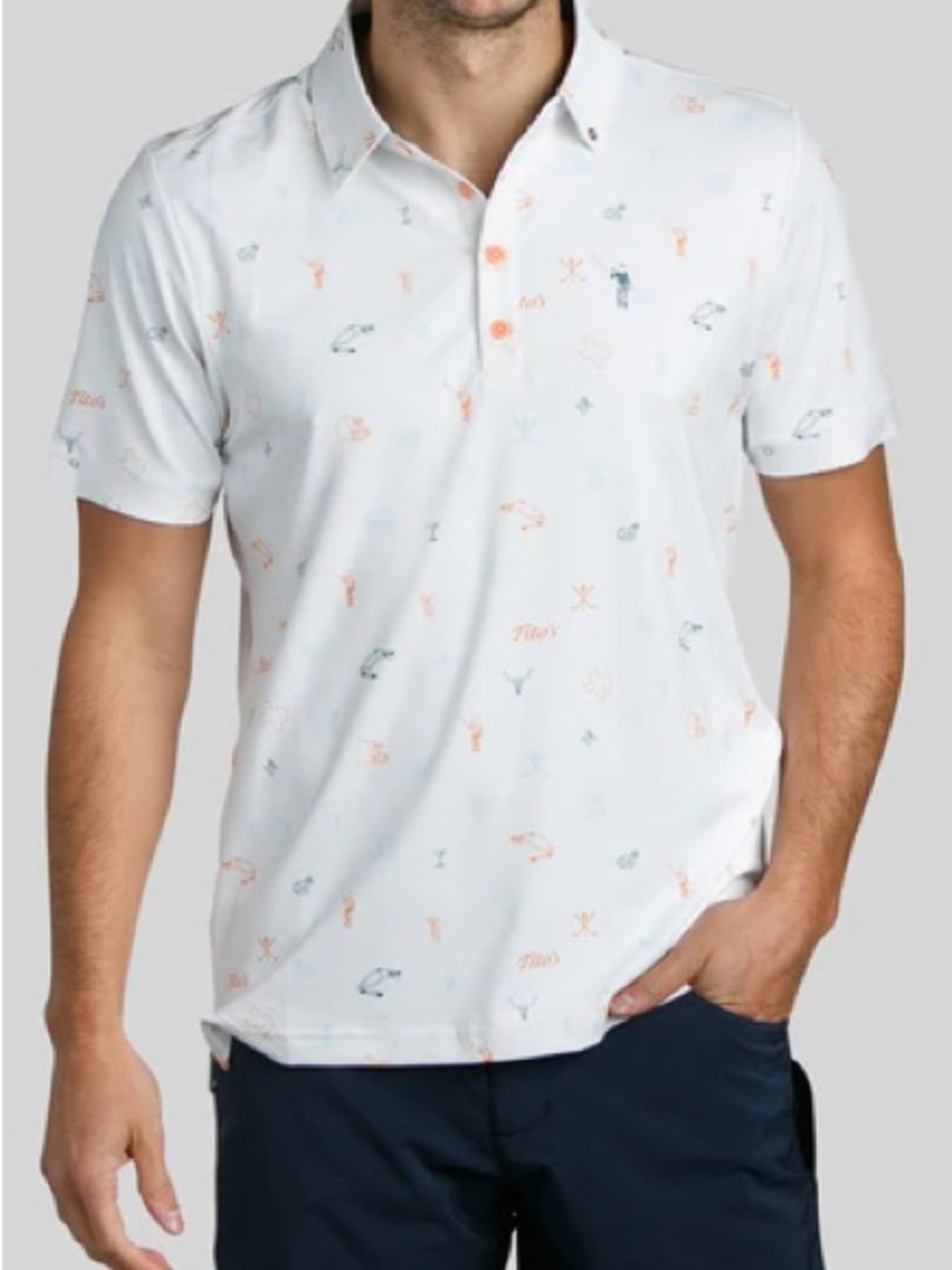William Murray Golf White Short-Sleeve Polo Titos Vodka Texas Orange Micro Icons